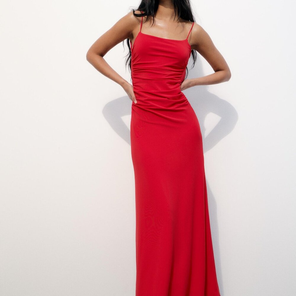 Zara Women Draped Lingerie-Style Dress Backless - Intense Red - Size Medium